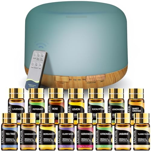 SACATR 500ml Essential Oil Diffuser with 15 Essential Oils, Ultrasonic Cool Mist Humidifier, Remote Control, 4 Timers, 15 Color Lights, Auto Shut-Off