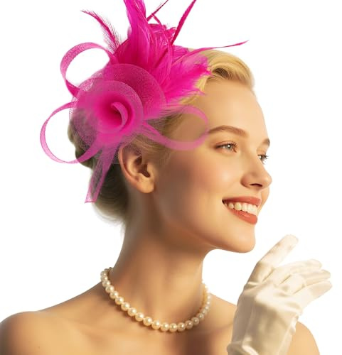 Leseogye Pink Fascinator, Cerise Pink Fascinator for Women, Retro Fascinators for Wedding
