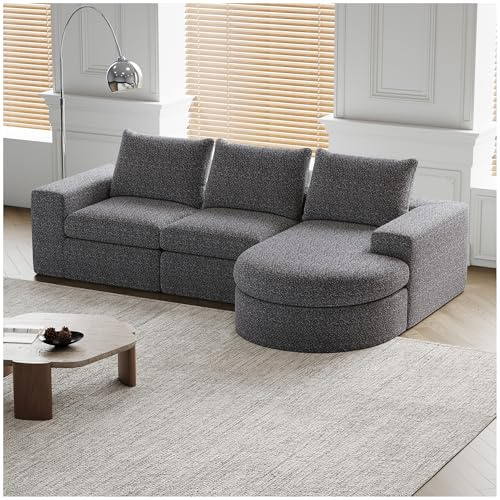 Wyibwy Sofá moderno, sofá de 3 plazas en forma de L, sofá de esquina con elementos curvados y sillón reclinable, sofá modular modular, espuma comprimida, terciopelo (gris)