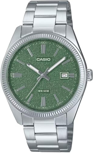 Casio MTP1302DA-3AV Klassisk vintage analog klocka i rostfritt stål med matt grön urtavla för män