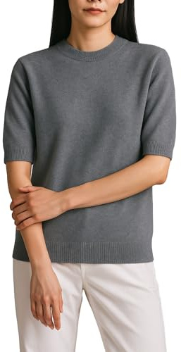 Jersey en Punto para Mujer Manga al Codo, Cuello Redondo, Ajuste Recto, Tejido Mezcla Lana, Ligero para Oficina y Diario, Capa Base de Entretiempo (FR/ES, Letras, S, M, Regular, Regular, Gris)