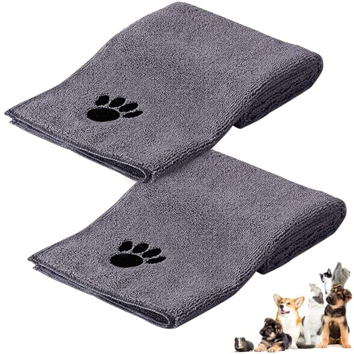 Vyranut Set 2 Asciugamani Cane in Microfibra – 35 x 75 cm Super Assorbente, Asciugatura Rapida, Lavabile, con Zampa Ricamata, per Cani e Gatti, Morbido e Resistente (Grigio)