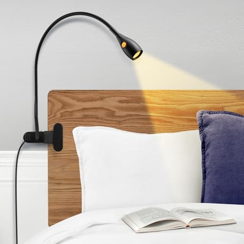 acegoo Luz de lectura minimalista para lámpara de clip, cabecero de cama, luz regulable, luz de libro de 3000 K/luz ámbar con adaptador USB-C, cuello de cisne flexible y práctico interruptor de cabeza