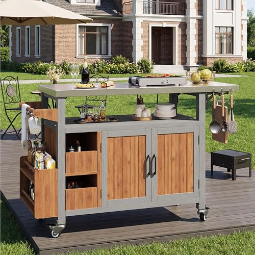 BTM Outdoor Storage Cart Garden Serving Trolley with Foldable Shelf BBQ Side Table with Stainless Steel Tabletop Solid Wood