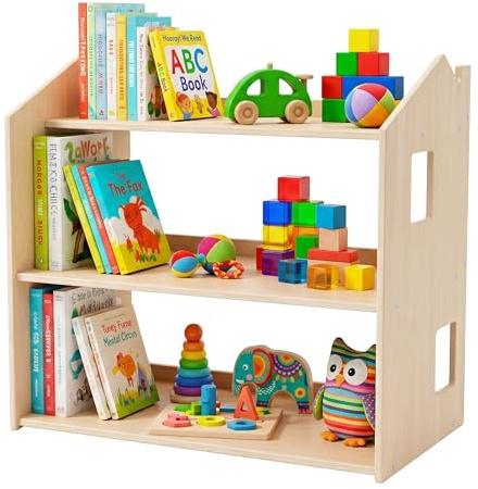 Relaxdays barnhylla i husform, HxBxD: 59 x 61 x 39 cm, 3 hyllplan, natur | Montessori-bokhylla, barnrum, trä