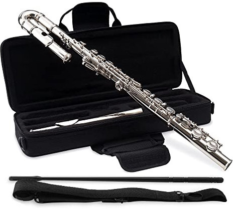 Classic Cantabile FL-100J Querflöte (Tolles Einsteigerinstrument, ein gebogenes, ein gerades Kopfstück, komplett aus vernickeltem Neusilber, vorgezogenes G, C-Stimmung, inkl. Etui, Zubehör) Silbern