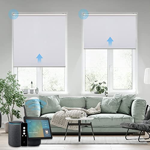SmartWings Motorized Roller Shades, 100% Blackout Auto Smart Window Blinds with Zigbee Motor Alexa, Cordless Remote Control Rechargeable, White, W25 xH72