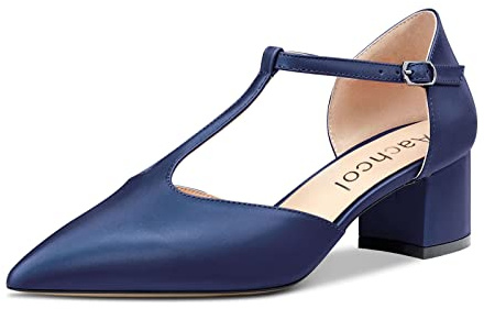 Aachcol Donna Chunky Blocco Medio Basso Tacco Heel Pumps Cinturino alla Caviglia T-Strap a Punta Dress Scarpe Feste da Matrimonio Raso Blu Navy 5 CM 36 EU