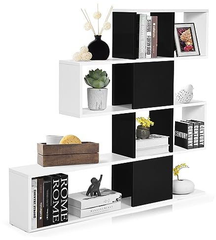 GOPLUS Bücherregal mit 10 Fächern, Raumteiler Regal, Stufenregal aus Holz, Treppenregal Holzregal für Schlafzimmer & Wohnzimmer, 120 x 19,5 x 109 cm (Schwarz+Weiß)