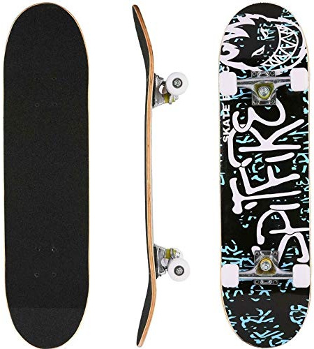 Skateboard Complet pour Enfants, Adolescents et Adultes, débutants, Double Kick Maple Deck Concave Cruiser Skateboard (79.5 * 20 * 13cm-Noir et Bleu)