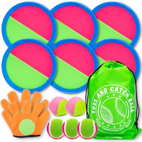 Tulyra Toss and Catch Ball Set, Outdoor Games, Beach/Backyard/Lawn Games, Paddle Ball and Catch Game, Gifts for Kids/Adults/Family (6 Paddles, 4 Balls/Catching Gloves/Carrying Bag)