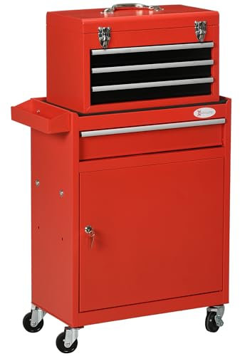 DURHAND Carrello Porta Attrezzi 2 in 1 con Cassetta Portautensili Rimovibile, Armadietto con Chiave e 4 Cassetti Totali in Acciaio, Rosso