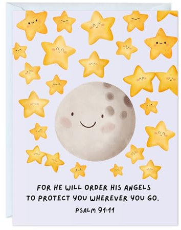 Religious Card Baptism, Christian Bible Quote, Christening, First Communion, Confirmation, or Wedding Card | Cute Prayer & Inspirational Card, Blank Inside, Thoughtful Gift by Aly Lou (For He Will Order His Angels To Protect You ... Psalm 91:11)