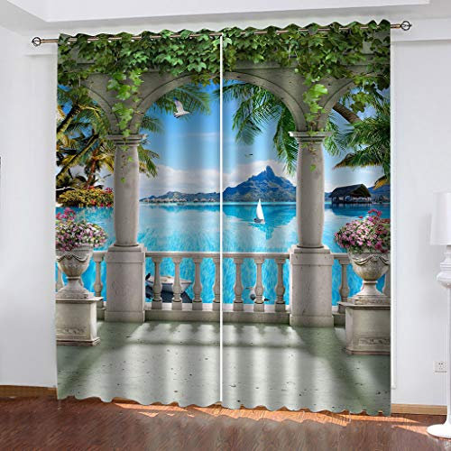 Vorhang Verdunkelung Kinderzimmer Junge Mädchen 3D Römischer Säulenbalkon Mit Meerblick Muster Vorhang Blickdicht Ösenvorhang Verdunklungsvorhänge Wohnzimmer Verdunkelungsvorhang Schlafzimmer 2Er