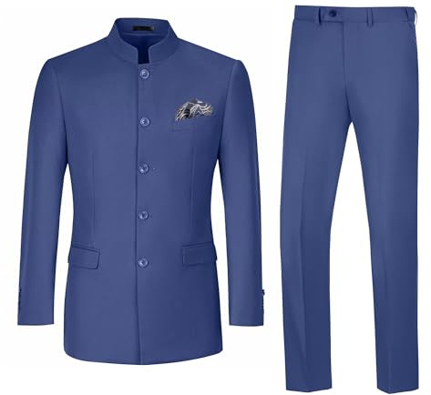 Men Suits 2 Pieces Slim Fit Mandarin Collar Suit Traditional Chinese Tunic Clothing Formal Wedding Blazer Pant Set Denim Blue 2XL