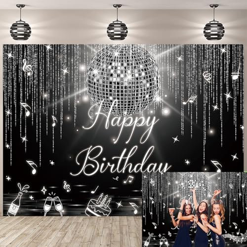 Toile de fond pour fête d'anniversaire à thème disco pour photographie - Bannière « Happy Birthday » noire et argentée - Décorations de fête à thème disco rétro à paillettes (argent, 2,1 x 1,5 m)