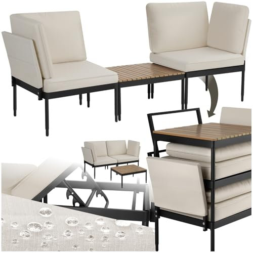 tectake® 5-in-1 Gartenlounge Set, Gartenmöbel mit Outdoor Kissen wetterfest, Lounge Sessel, Liege oder Gartenbank, Balkontisch, Balkonmöbel Kleiner Balkon, Lounge Möbel Outdoor, Terrasse, Holz Optik