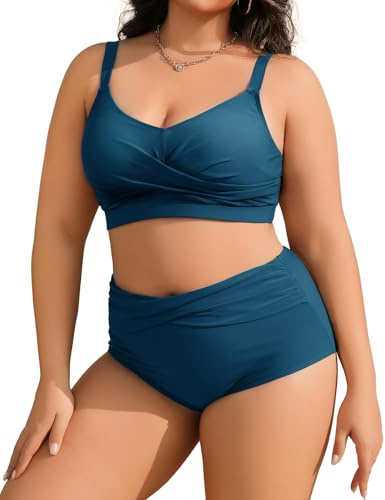 Tuopuda Bikini för kvinnor, stor storlek, tvådelad baddräkt, magkontroll, hög midja, push-up, bikinitopp plus storlek, curvig, tvådelad badmode, M-4XL, Grön-blå, XXL