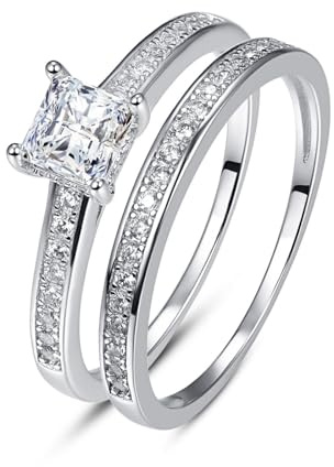 Bonlavie Engagement Rings for Women 1.35ct Princess Cut Silver Wedding Band Set Cubic Zirconia Bridal Ring Sets Size N