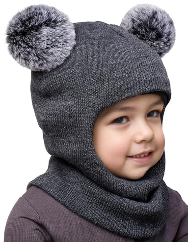 Maeau mössa, vintermössa för barn, flickor, pojkar, 6 månader–10 år, baby, vintermössa, slip-mössa, stickad med 2 tofsar småbarn, 2 i 1 balaklava och loop halsduk, halsduk, stickad mössa höst, GRÅ