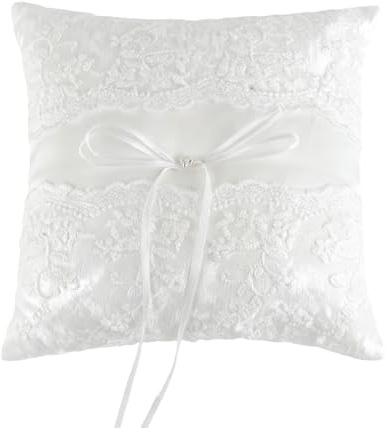 White lace wedding ring pillow, lace bow pearl cushion, creating a perfect wedding party