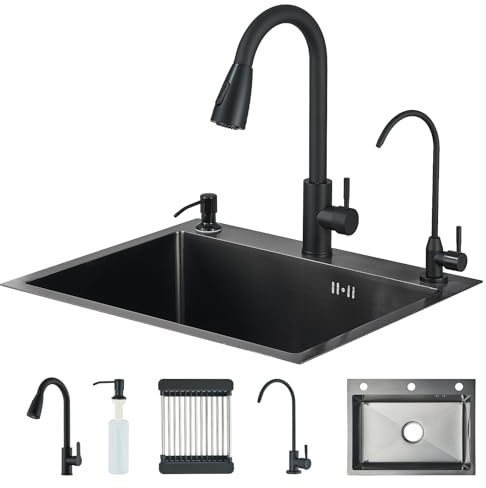Hevenaov Fregadero Cocina Negro 55 x 45cm, 1 lavabo, Fregadero Cocina Acero Inoxidable bajo Encimera o Sobre Encimera con grifo extensible, dispensador de jabón, grifo de agua purificada (55 x 45cm)