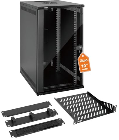 Tecmojo 10 Pulgadas 12U Gabinete de Red para Montaje en Pared, 330mm de Profundidad, con Estante para Rack, Paneles de Cepillos, Organizador de Cables, 50kg, Puerta de Cristal, Negro