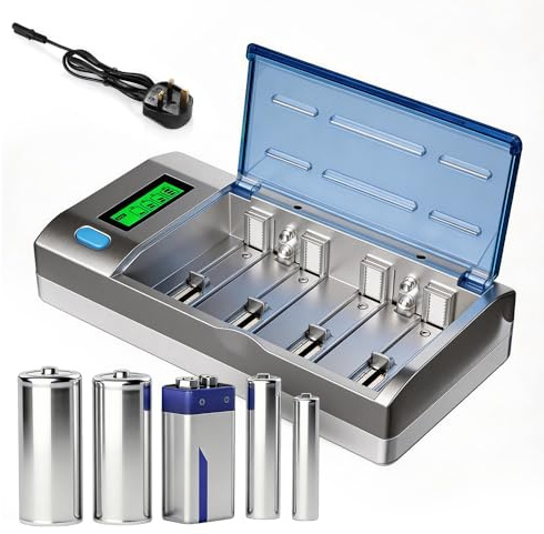Wxeadu 4 Slot Rechargeable Ni-MH Ni-CD AA AAA Battery Charger, Ni-MH Ni-CD 9V Battery Charger with LCD Display, Fast Charging Rechargeable Battery Charger, Universal Smart Charger with USB Cable
