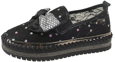 Generisch Zapatillas de deporte de mujer -Rhinestone lentejuelas lazo de malla decorativa con suela gruesa, zapatos individuales casuales, Negro , 38 EU