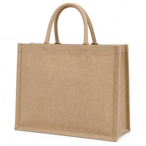 5 x Medium Natural Jute Tote Bag with Soft Handles, 39 x 35 x 15 cm, 20L, Reusable for Shopping, Gifts, Weddings and DIY Projects