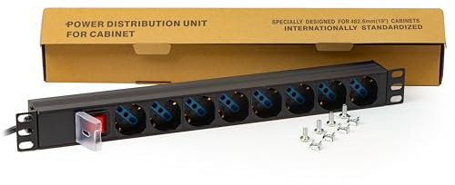 Link multipresa da rack 19 LK10051 con 8 prese universali e interruttore, spina ita. 16A, cavo 1,75m, metallo. Capacità 3,5KW, dimensioni 48,5x4,5x4,5 cm. Alette reversibili.