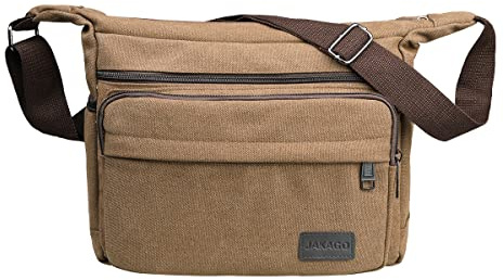 JAKAGO Waterproof Messenger Shoulder Bag 13 Inch, Multi Pockets Canvas Crossbody Bag for Men,Casual Lightweight Satchel Bag for Travel Outdoor Hiking Working Daily Use (Coffee, M)