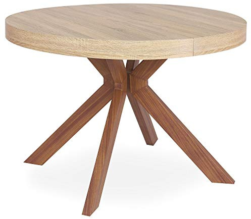 Menzzo Table à Manger Ronde Extensible Avec Pied Central en Métal | Salle à Manger ou Cuisine | Bois, Métal | Myriade | Diamètre 110 cm x H75 cm, Dépliée: L110 x P160-210-260 x H75