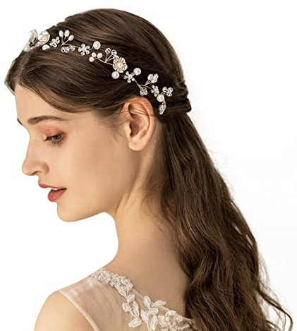 Braut Stirnband Haarschmuck Hochzeit - Vintage Perle Haarkranz Mit Blatt Gold - Kristall Blinkender Kopfschmuck - Handgefertigtes Haarband