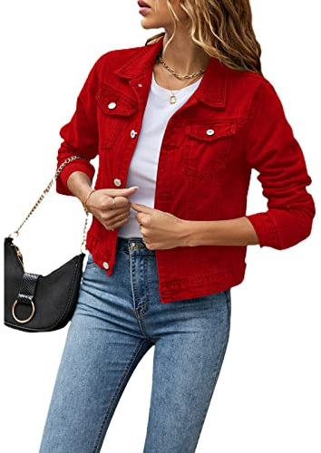 FeMereina Women's Denim Jacket Long Sleeve Cropped Oversize Vintage Boyfriend Button Down Loose Jeans Coat S-XXL (Red, Medium)