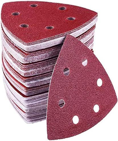 72pcs Mouse Sander Pads, 93x93x93mm Triangle Multi Tool Sanding Pads 6 Holes Hook and Loop Sander Sheets, Detail Sander Pads 40/60/80/120/180/240 Grits Sand Paper for Sander and Polishing