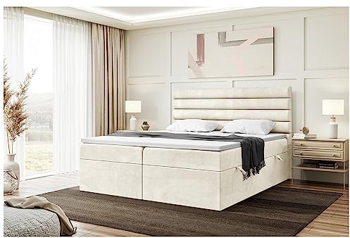 MEBLINI Boxspringbett mit Bettkasten - Gepolstert Doppelbett mit Matratze und Topper - Polsterbett mit Stauraum - Bett mit Kopfteil - Stauraumbett - Karim - 180x200 - H4/Creme Samt