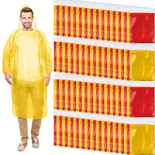 Handepo 100 Pack of Adult Rain Ponchos with Hood Disposable Plastic Rain Ponchos Bulk Emergency Raincoat for Men Women Adult(Red, Yellow)