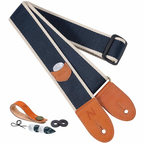 Nefelibata sangle de guitare, sangle de guitare en coton avec poche à médiators pour guitare basse, électrique et acoustique, avec bouton de sangle gratuit, 1 paire de boucles de sangle et 4 médiators
