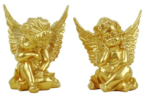 zweipappel Deko Engel Figur Gold Schutzengel Sitzend träumend 2er-Set Harz Dekofigur Engelpaar Engelkinder Dekoengel (Gold)