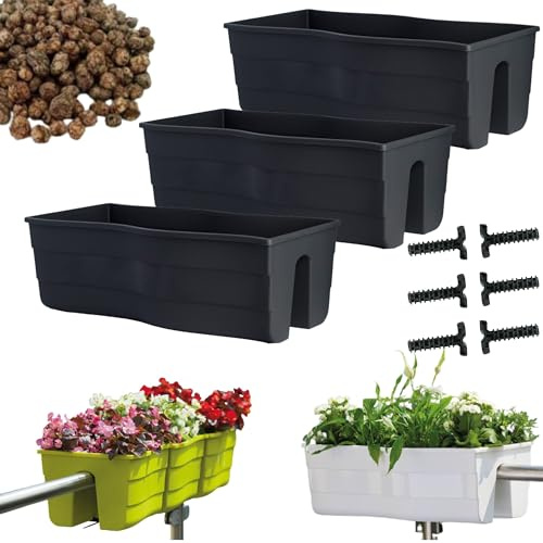 DIKEL 3X Geländerkasten - Blumentopf für Innen und Außen | Übertopf für Balkon oder Garten| Pflanzentopf schützt Wurzeln und verhindert Staunässe | Anthrazit