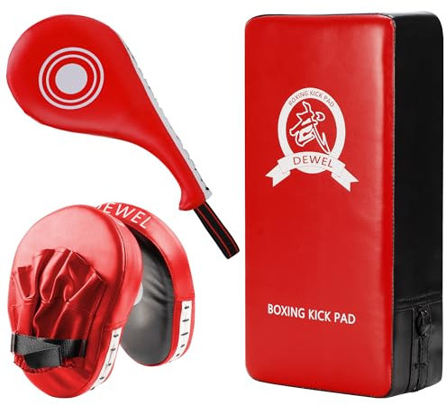 DEWEL PU Leder Schlagpolster Set mit 1 Paar Pratzen,1×Schlagkissen,1×Kick Pads,Pratzen Boxen für Kickboxen,Thaiboxen,Karate,Boxen,MMA Training Boxen Pads