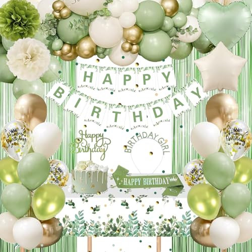 GYESXYW Sage Green Birthday Decorations Set, Happy Birthday Banner, Balloons, Fringe Curtain, Tablecloth, Sash, Crown, Pom Poms for Girls Women Men Boys