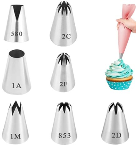 Set de 7 boquillas pasteleras profesionales grandes (1A/853/1M/2D/2C/2F/580) para manga pastelera - decoración y preparación de cupcakes, tartas, buñuelos, croquetas