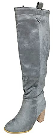 Bottes longues en daim pour femme - Bottes montantes au genou avec talon bloc - Bout pointu - Bottes à enfiler - Bottes d'hiver rétro - Bottes à talons hauts - Bottes élégantes pour femme, Gris 7., 43