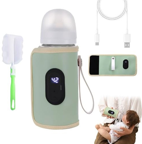 Flaschenwärmer Baby Unterwegs Tragbarer Flaschenwärmer Baby mit LCD-Display 20 Stufen Einstellbare Temperatur Baby Flaschenwärmer,mit Flaschenbürste, für Alle Flaschen Geeignet (Grün)