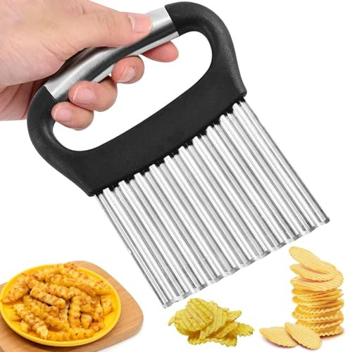 Coupe-frites en acier inoxydable pour pommes de terre, concombres, carottes - Outil de cuisine ergonomique - Avec poignée - Pour fruits, légumes, salades (argent + noir)