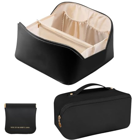 Neceser portátil negro, neceser de viaje impermeable de PU, bolso de maquillaje con asa y compartimentos, organizador de cosméticos para mujer, Negro , No