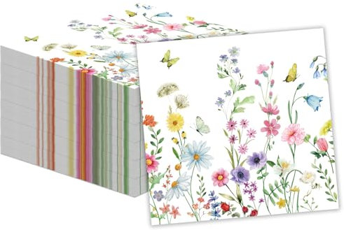 50 Stück Serviette Wildblume, Saugfähige Einweg Servietten mit Frühlings Blumen Ideal für Birthday, Partys, Hochzeiten, Kommunionen 33x33cm