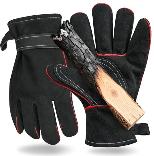 Mellbree Heat Resistant Gloves, Full Leather Gloves for BBQ, Pizza Oven & Fire Pit, Heavy Duty Gloves for Wood Burners, Multi-Fuel Stoves, Outdoor Cooking & Camping